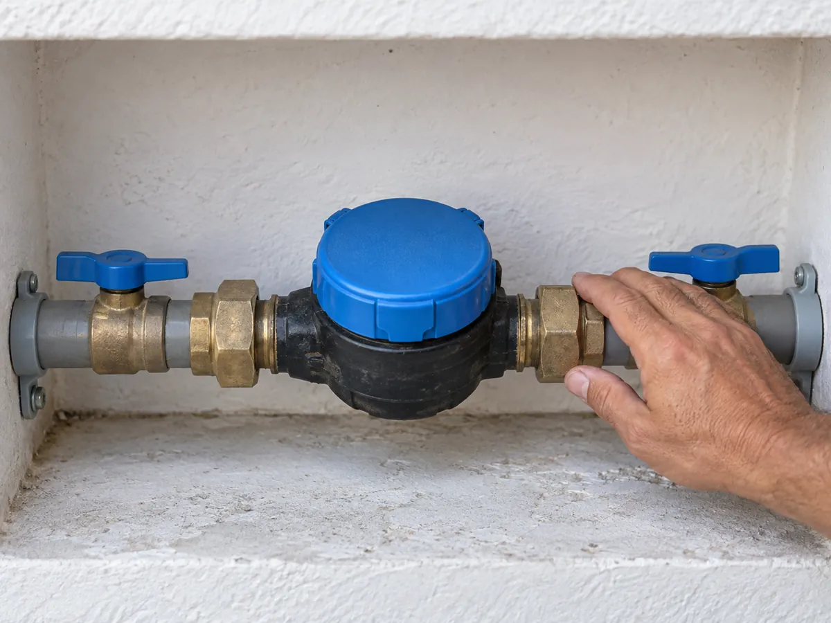 Mão verificando hidrômetro com registros azuis instalado em nicho na parede