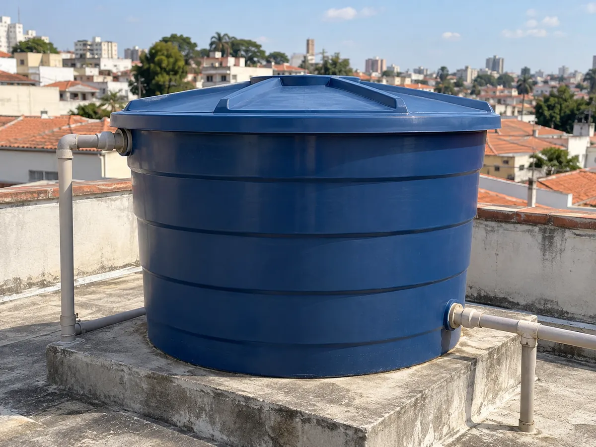 Caixa d'água azul com tubulação de PVC sobre laje, com prédios ao fundo